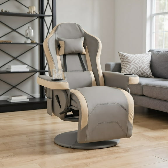 GVN Modern Recliner Chair, Manual Recliner Armchair PU Leather Lounge Chair w/ Cup Holder and Storage Pocket