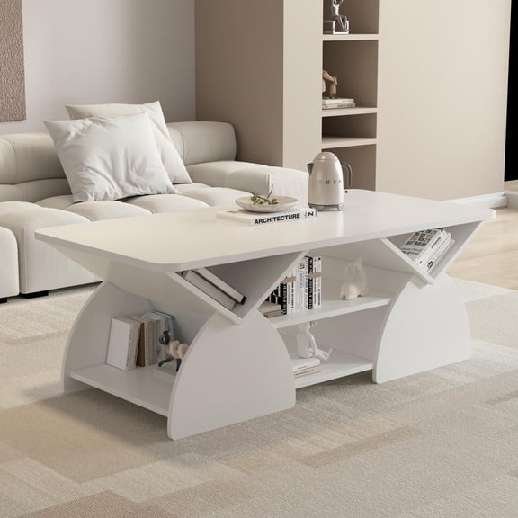 GVN Modern Rectangular Coffee Table with Rounded Corners and Open Storage Shelves for Living Room Reception, Easy Assembly Geometric Design, White
