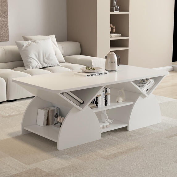 GVN Modern Rectangular Coffee Table with Rounded Corners and Open Storage Shelves for Living Room Reception, Easy Assembly Geometric Design, White