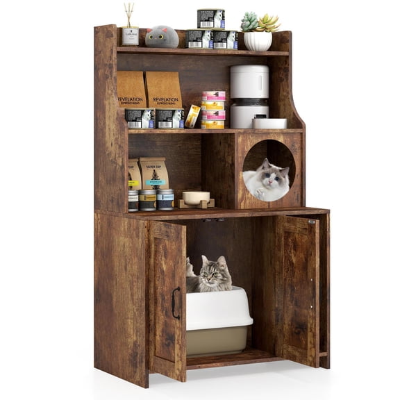 GVN Modern Wooden Industrial Cat House with Storage Shelves, Cat Shelter for Pets, Living Room, Home Office, Brown