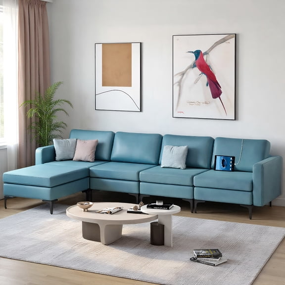 GVN Modular L-shaped Sectional Sofa with Reversible Ottoman and 2 USB Ports-Blue