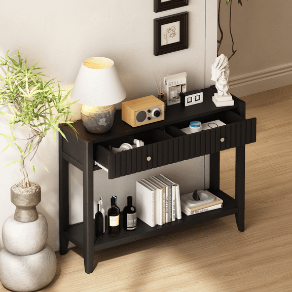 GVN Narrow Console Table with Two Drawers, Slim Wooden Sofa Table with Lower Shelf for Entryway or Hallway Storage, Accent Table, Black