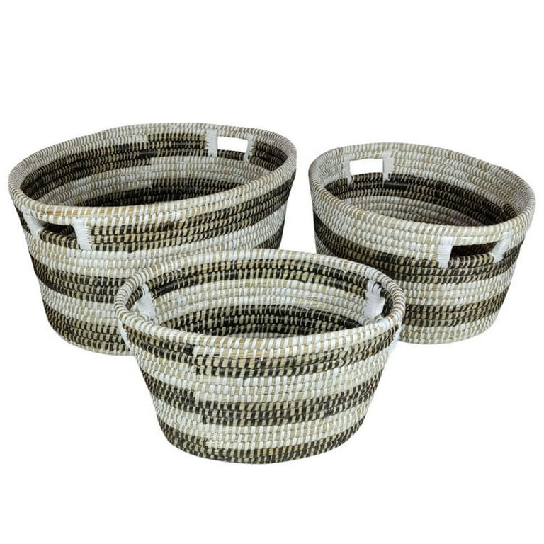GVN Natural Canes Grass Baskets Stackable Storage Bins Set of 3 