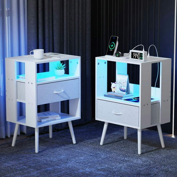 GVN Nightstand, Bedside Table,2 Pack Modern Nightstand with Charging Station, Bedside Tables with LED Light and Fabric Drawers, White