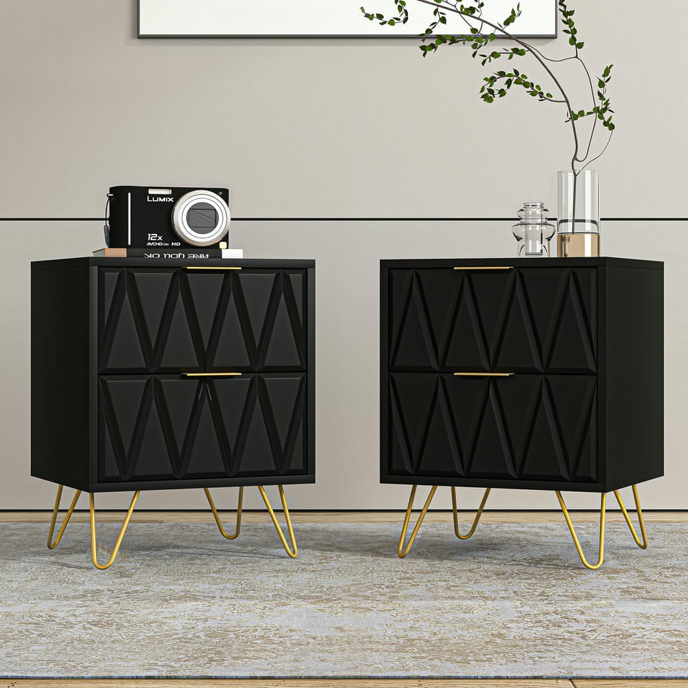 GVN Nightstand, Bedside Table,Black Nightstand Set of 2 with Gold Handle, Bedside Table with 2 Drawers & Gold Legs for Bedroom Living Room