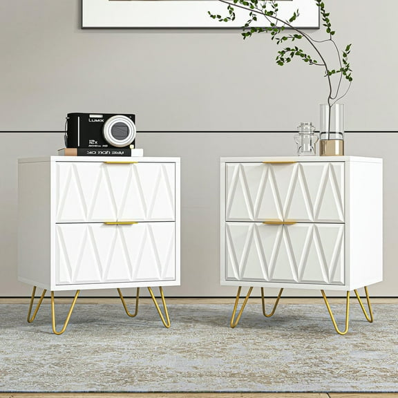 GVN Nightstand, Bedside Table,White Nightstand Set of 2 with Gold Handle, Bedside Table with 2 Drawers & Gold Legs for Bedroom Living Room