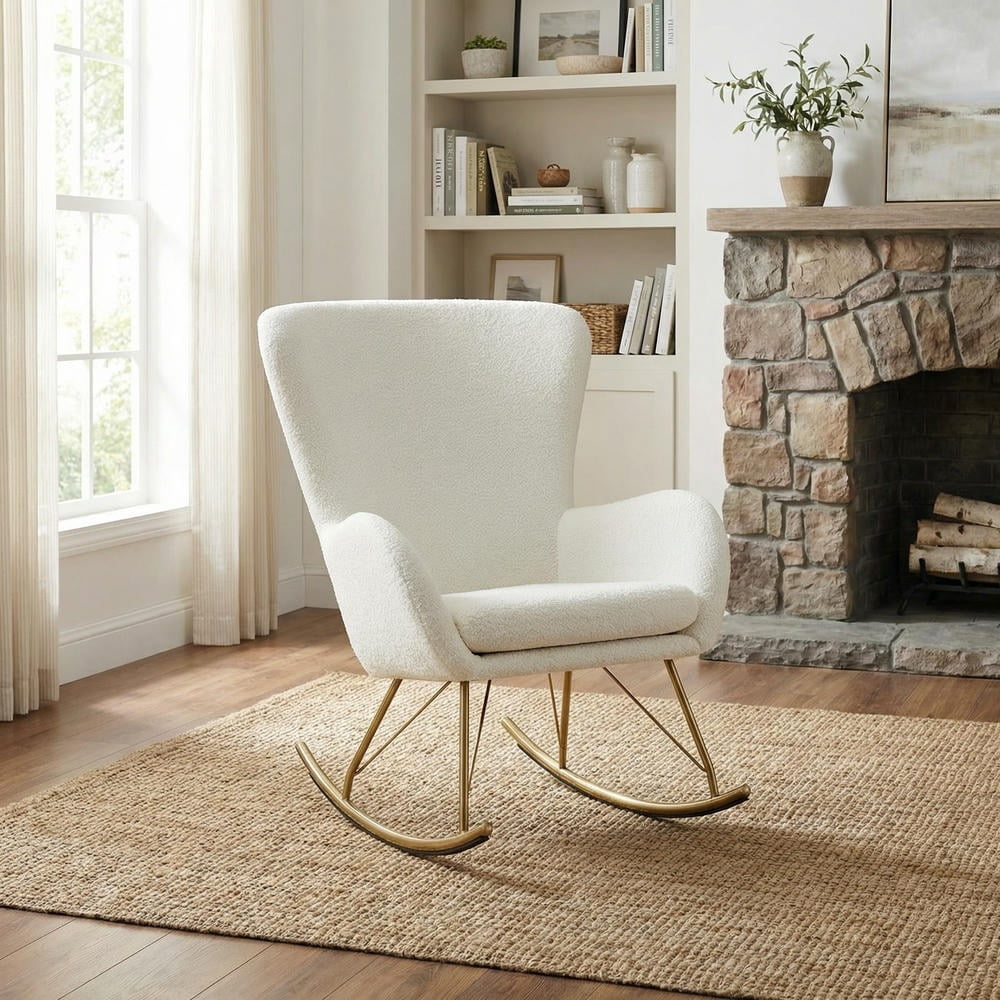 GVN Nursery Rocking Chair Comfortable Glider with Curved Backrest Armrests for Baby Room Bedroom Living Room Nursing Relaxing Furniture, White