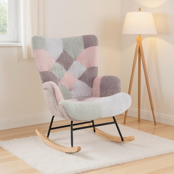 GVN Nursery Rocking Chair with Ergonomic Armrests and High Backrest for Baby Room, Living Room Glider in Multicolor