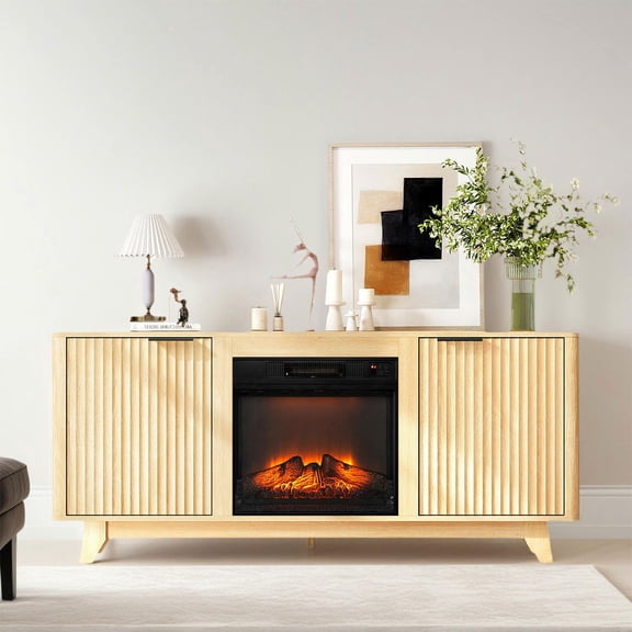GVN Oak Finish Fireplace TV Stand with 18 Inch Insert, Double Grid Doors, Embossed Particle Board Media Console 58 x 13.6 x 25.4 Inch, Brown