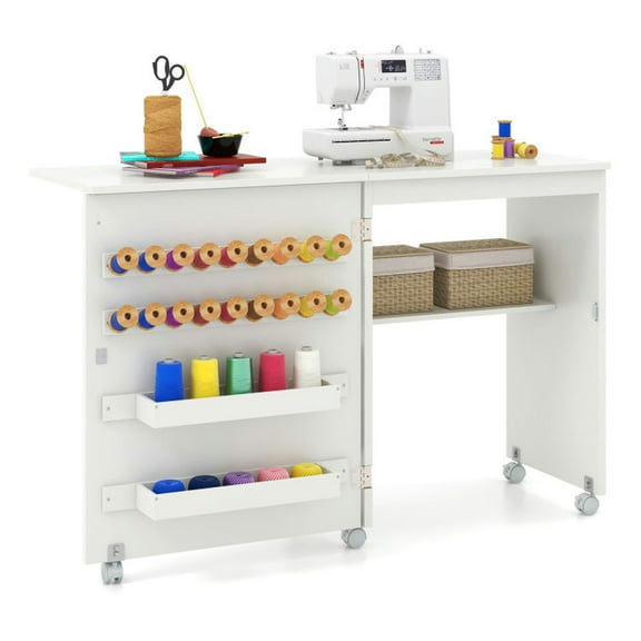 GVN Office Desks,Sewing Tables,Folding Sewing Table with Storage Shelf and 5 Lockable Wheel-White