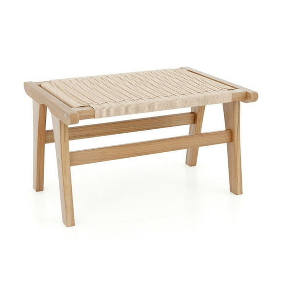 GVN Ottomans,Teak Wood Ottoman Footstool with Braided Rope for Living Room