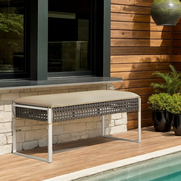 GVN Outdoor Bench, Outdoor Garden Bench,43 Inch Patio Rectangle Ottoman with Metal Legs and Seat Cushion-Beige