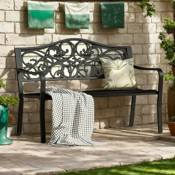 GVN Outdoor Bench, Outdoor Garden Bench,50 Inches Outdoor Cast Iron Metal Patio Bench with Floral Design Backrest and Slatted Seat-Black