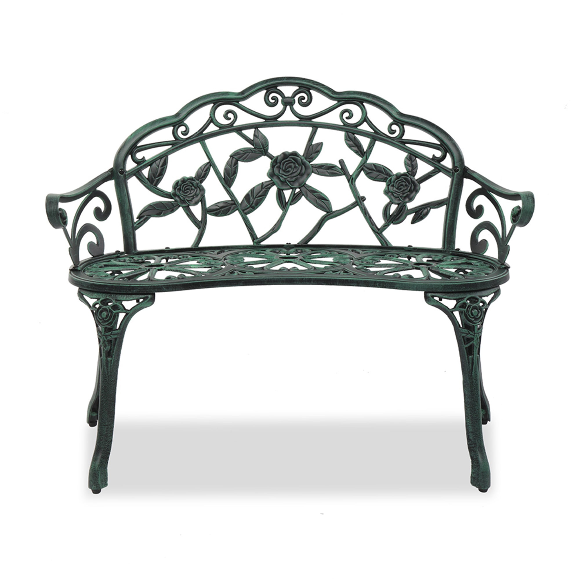 GVN Outdoor Cast Aluminum Patio Bench, Porch Bench Chair with Curved Legs Rose Pattern, Antique Green GVN Outdoor Cast Aluminum Patio Bench, Porch Bench Chair with Curved Legs Rose Pattern, Antique Green