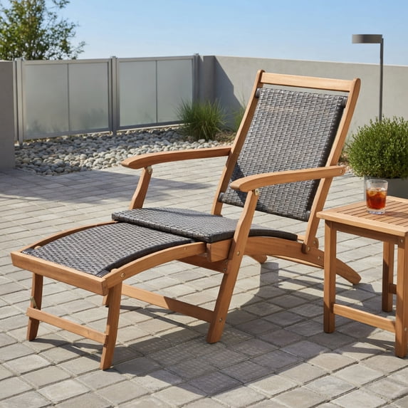 GVN Outdoor Chaise Lounge, 2 Pieces Patio Rattan Folding Lounge Chair with Acacia Wood Table Outdoor Chaise Lounge Chair for Pool Backyard Beach Red