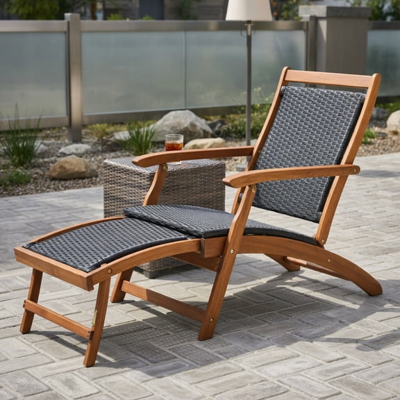 GVN Outdoor Chaise Lounge, Patio Rattan Folding Lounge Chair with Acacia Wooden Frame Retractable Footrest, Outdoor Chaise Lounge Chair for Pool Backyard Beach