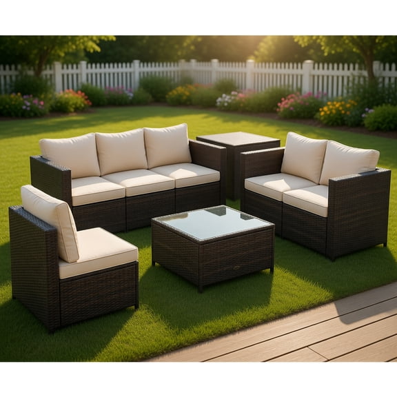 GVN Outdoor Conversation Sets,Patio Furniture Sets,8 Piece Patio Furniture Set with Storage Box and Tempered Glass Coffee Table-Beige