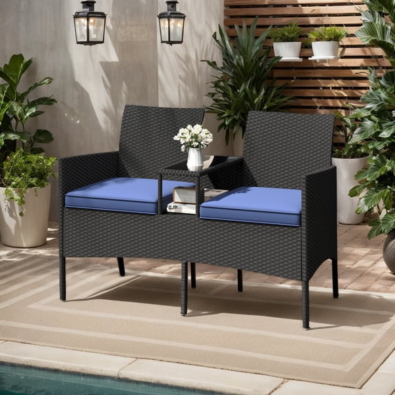 GVN Outdoor Conversation Sets,Patio Furniture Sets,Patio Loveseat with Built-in Table for Backyard Porch-Navy