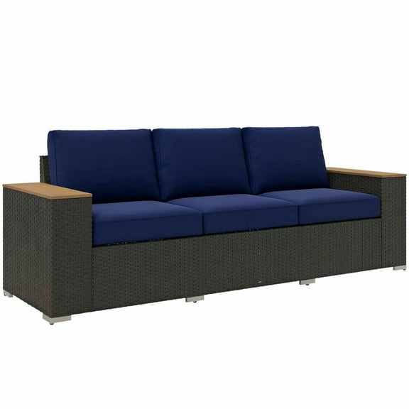 GVN Outdoor Couch Patio Sofa,3-Seat Outdoor Patio Sofa with Cushions, PE Rattan Wicker Sofa with Wide Armrests, Outdoor Wicker Couch, Navy Blue