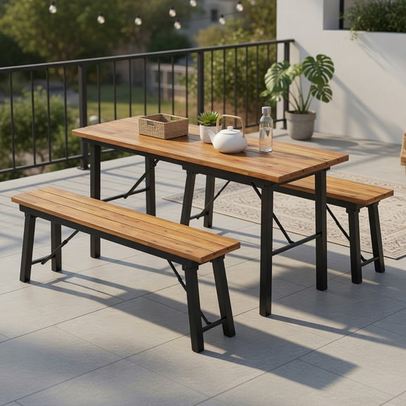 GVN Outdoor Dining Table and Bench Set with Acacia Wood Top for Yard Garden Poolside, Patio Seating Conversation Set, Modern Patio Chair Sectional All Weather Proof for Patio Back Deck