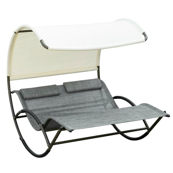 GVN Outdoor Double Chaise Rocking Chair, Day Bed Sun Lounger with Canopy Shade, Headrest Pillow, Armrests, Light Gray