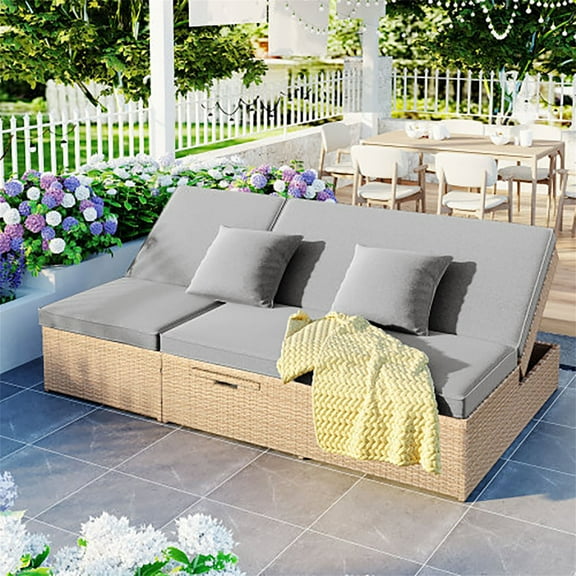GVN Outdoor Double SMQBbed, Wicker Rattan Patio Lounge Chair Outdoor with Adjustable Backrest and Seat, Conversational Set for 2 Person, Brown