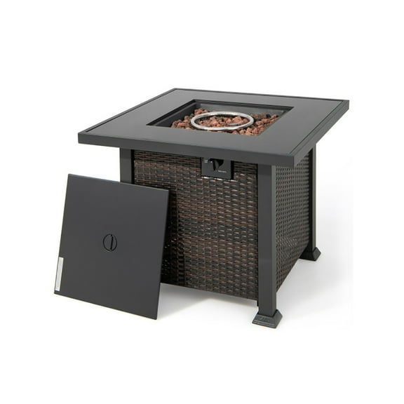 GVN Outdoor Fire Pit Tables, 32 Inch Square Propane Fire Pit Table with Lava Rocks Cover-Brown