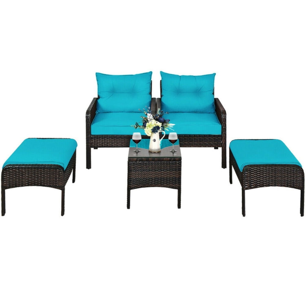 Turquoise 5-Piece Outdoor Rattan Conversation Set with Cushions