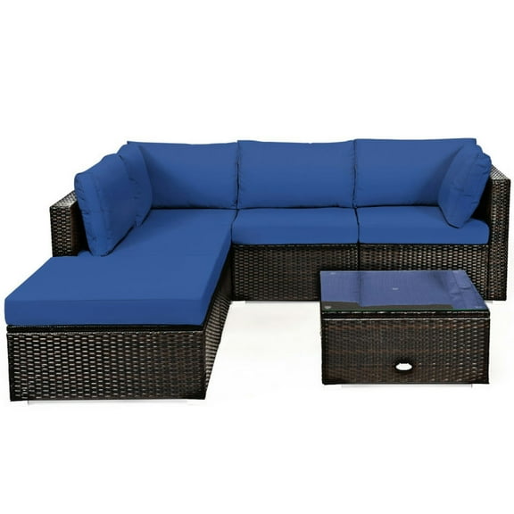 GVN Outdoor Furniture Sets, Outdoor Conversation Set,6 Pieces Outdoor Patio Rattan Sectional Sofa Set with Coffee Table-Blue