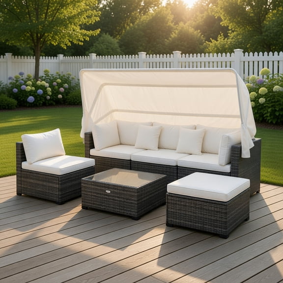 GVN Outdoor Furniture Sets, Outdoor Conversation Set,6 Pieces Patio Rattan Furniture Set with Retractable Canopy