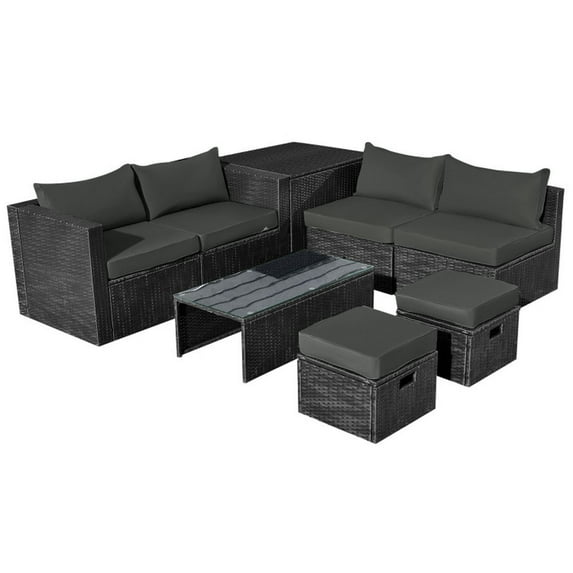 GVN Outdoor Furniture Sets, Outdoor Conversation Set,8 Pieces Patio Rattan Storage Table Furniture Set-Gray