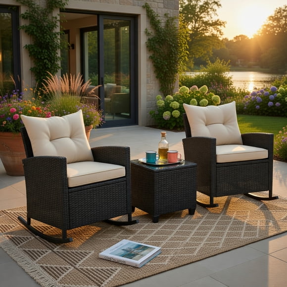 GVN Backyard Furniture Sets,Outdoor Furniture Sets,Patio Rattan Roker Chairs with Tempered Glass Table and Soft Cushions for Backyard Poolside Porch-Beige