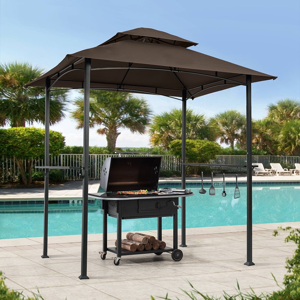 GVN Outdoor Grill Gazebo 8 x 5 Ft, Shelter Tent, Double Tier SoFt Top Canopy and Steel Frame with hook and Bar Counters, Brown, Outdoor Grill Shelter Canopy Top Double Tiered BBQ GVN Outdoor Grill Gazebo 8 x 5 Ft, Shelter Tent, Double Tier SoFt Top Canopy and Steel Frame with hook and Bar Counters, Brown, Outdoor Grill Shelter Canopy Top Double Tiered BBQ
