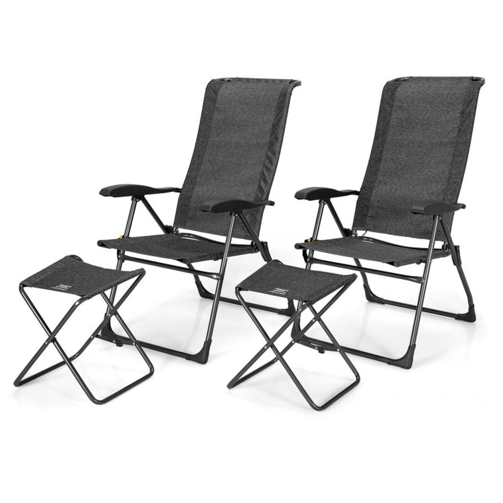 GVN Outdoor Kitchen Chair, Dinner Chairs,4 Pieces Patio Adjustable Back Folding Dining Chair Ottoman Set-Gray