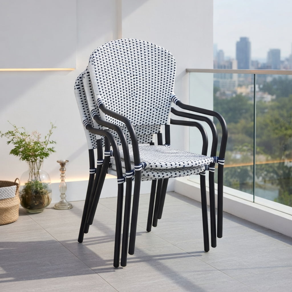 GVN Outdoor Kitchen Chair, Dinner Chairs,Set of 4 Patio Rattan Stackable Dining Chair with Armrest for Garden-White