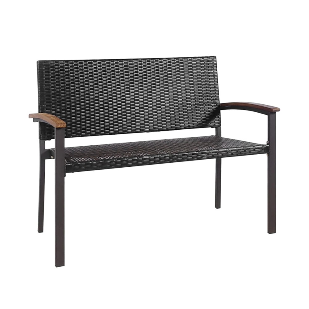 GVN Outdoor Patio Rattan Wicker Bench with Armrest for Garden, Comfortable Outdoor Seating with Resistant Finish