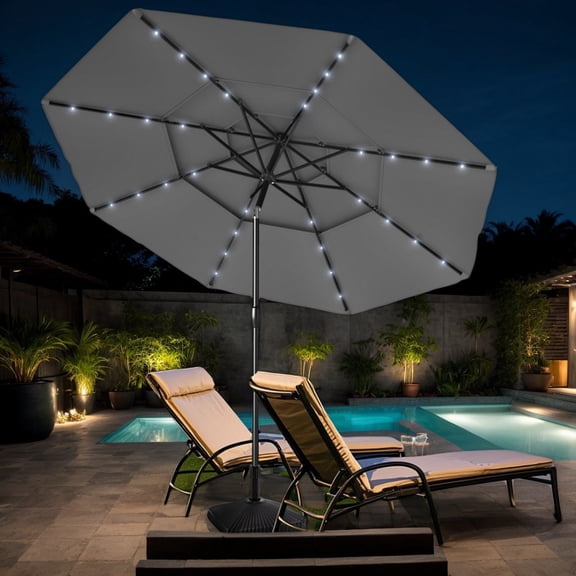 GVN Outdoor Patio Umbrella,Patio Umbrella,10 Feet Solar Patio Umbrella with 32 LED Lights 3-Tier Vented Top-Gray