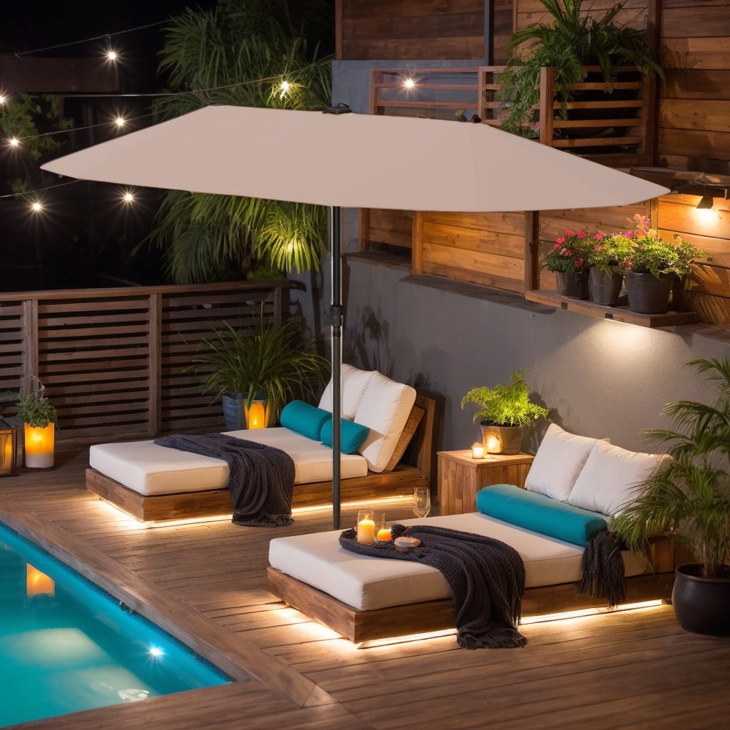GVN Outdoor Patio Umbrella,Patio Umbrella,13 FT Large Patio Umbrella with LED Solar Lights and Crank Handle-Coffee
