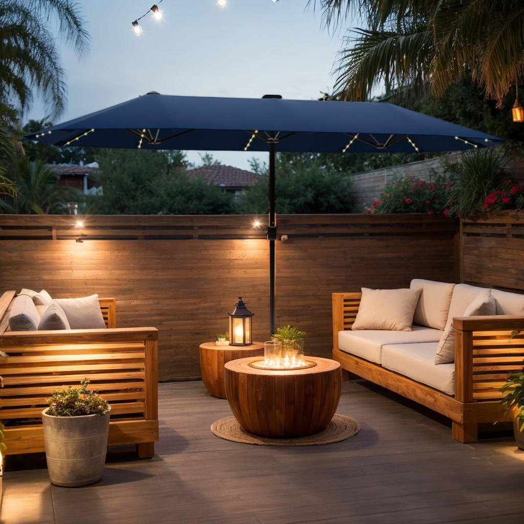 GVN Outdoor Patio Umbrella,Patio Umbrella,13 FT Large Patio Umbrella with LED Solar Lights and Crank Handle-Navy