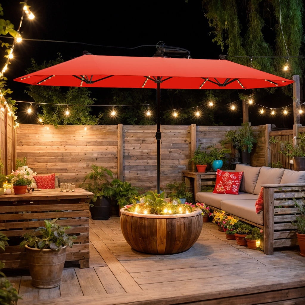 GVN Outdoor Patio Umbrella,Patio Umbrella,13 FT Large Patio Umbrella with LED Solar Lights and Crank Handle-Orange