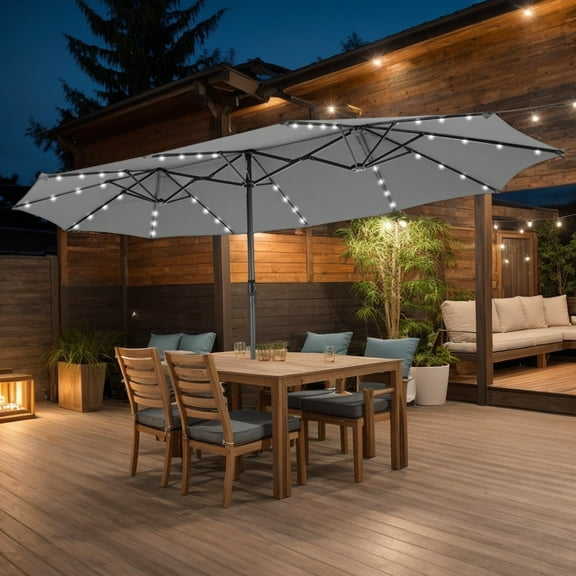 GVN Outdoor Patio Umbrella,Patio Umbrella,15 Feet Twin Patio Umbrella with 48 Solar LED Lights-Gray