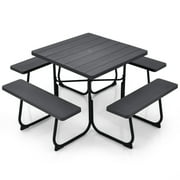 GVN Outdoor Picnic Table with 4 Benches and Umbrella Hole-Black, Patio Seating Conversation Set, Modern Patio Chair Sectional All Weather Proof for Patio Back Deck