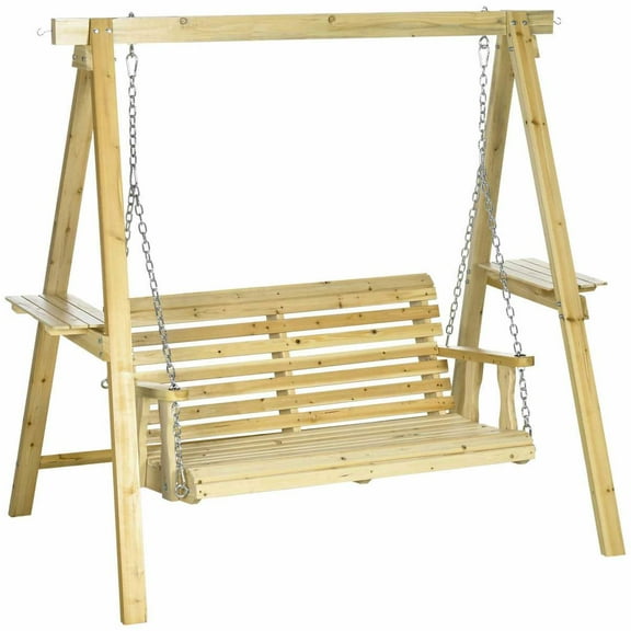 GVN Outdoor Porch Swings,Hanging Porch Swings,2-Seat orch Swing with Stand, Wooden Patio Swing Chair with Side Tables and Metal Chains, Natural Wood