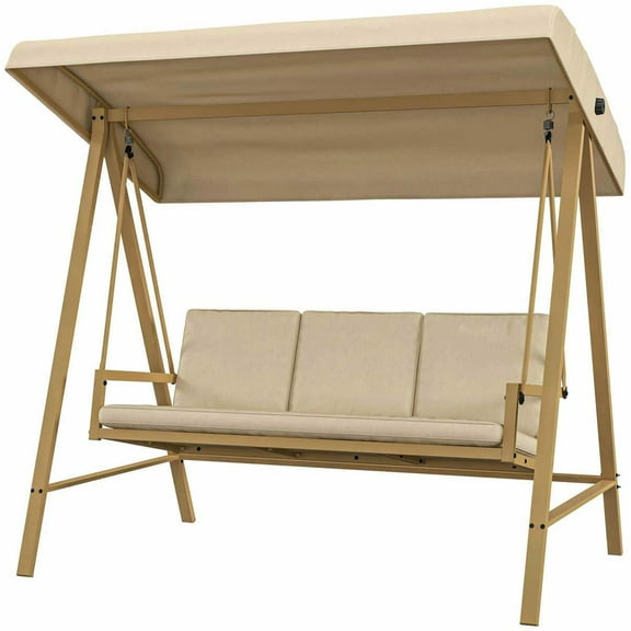 GVN Outdoor Porch Swings,Hanging Porch Swings,3-Person Patio Swing Chair, Outdoor Porch Swing with Adjustable Canopy, Removable Cushions for Garden, Backyard, Beige