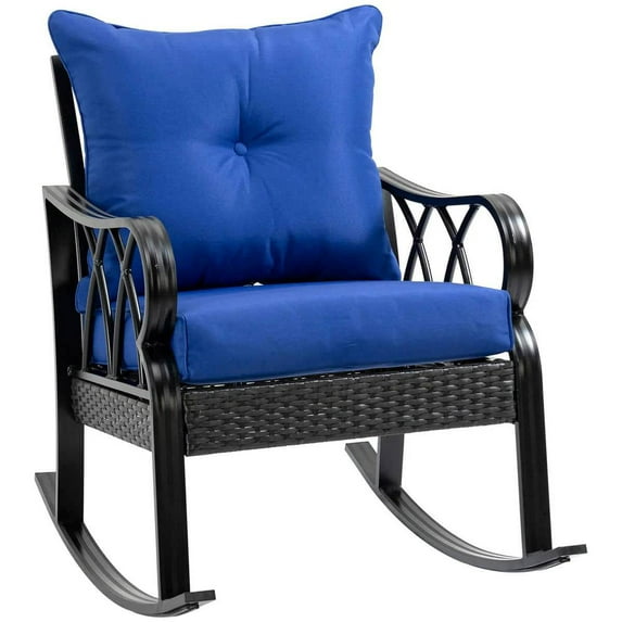 GVN Outdoor Rocker Chair, Rocking Chair,Outdoor Wicker Rocking Chair with Padded Cushions, Rattan Porch Rocker Chair w/ Armrest for Garden, Patio, and Backyard, Blue