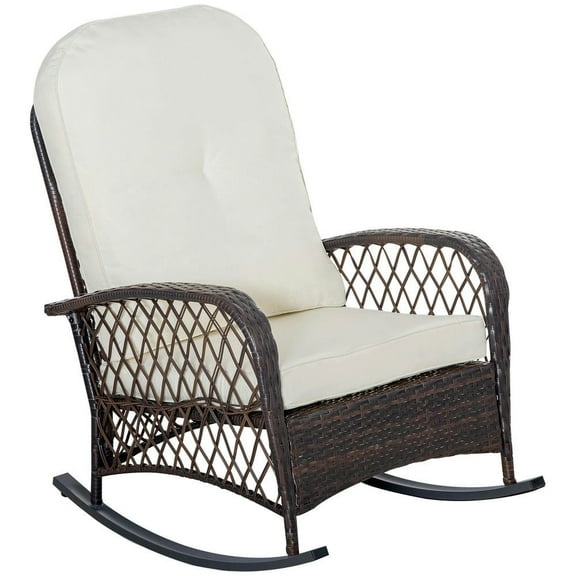 GVN Outdoor Rocking Chair,Outdoor PE Rattan Wicker Recliner Rocker Chair w/ Soft Cushion for Garden