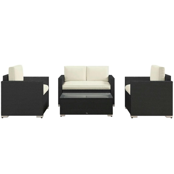 GVN Outdoor Seating Sets,Garden Conversation Sets,4 Pieces Rattan Sofa Set Wicker Patio Sofa Set with Loveseat Chairs Glass Top Coffee Table, Cream
