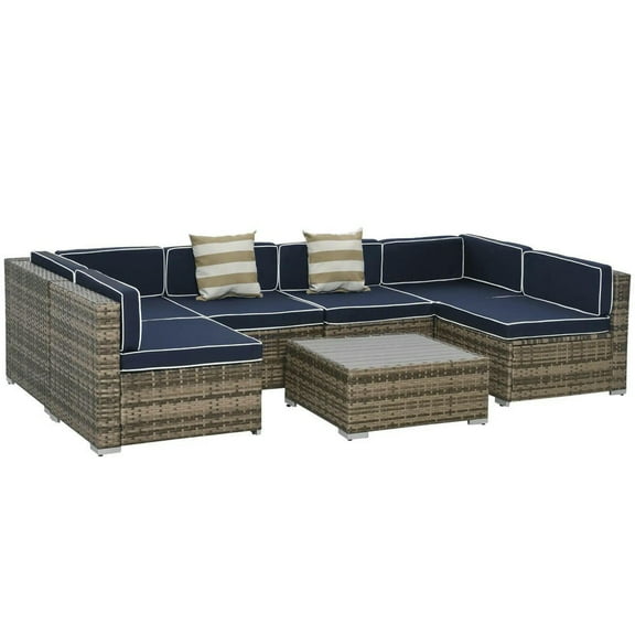 GVN Outdoor Seating Sets,Garden Conversation Sets,7-Piece Outdoor Wicker Patio Sofa Set, Modern Rattan Conversation Furniture Set with Cushions, Pillows and Tea Table - Blue