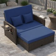 GVN Outdoor Sectional Cushioned Sofa Bed,Patio Rattan Daybed with 4-Level Adjustable Backrest and Retractable Side Tray-Navy