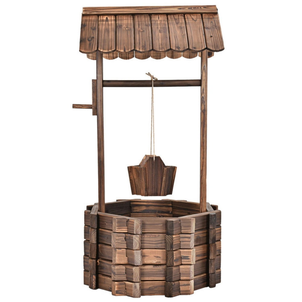GVN Outdoor Wooden Wishing Well Planter Bucket GVN Outdoor Wooden Wishing Well Planter Bucket